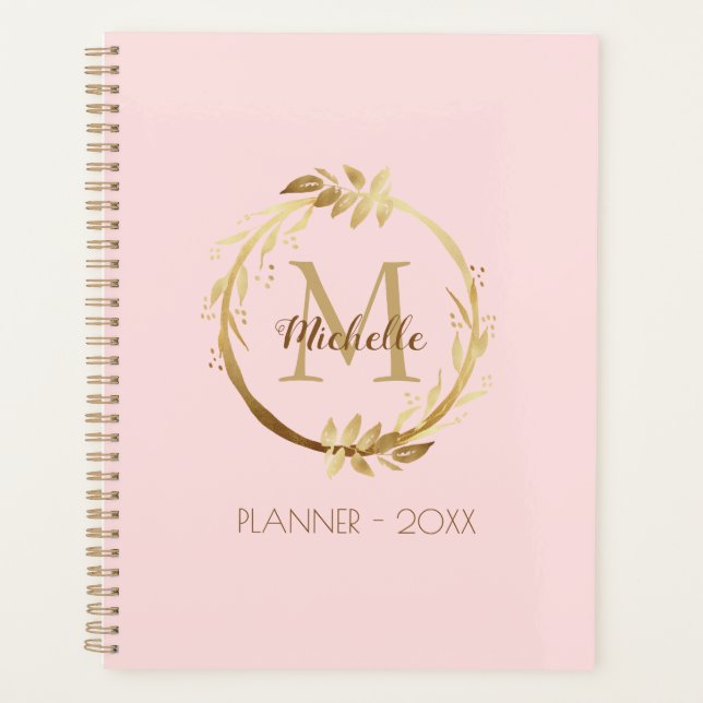 Agenda Elegante Personalizado Oro Monograma Rubor Rosa (Anverso)