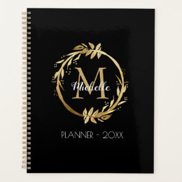 Agenda Elegante Personalizado Oro Wreath Monograma Negro