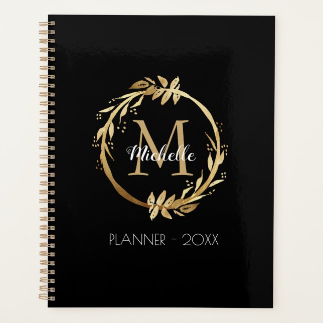 Agenda Elegante Personalizado Oro Wreath Monograma Negro (Anverso)