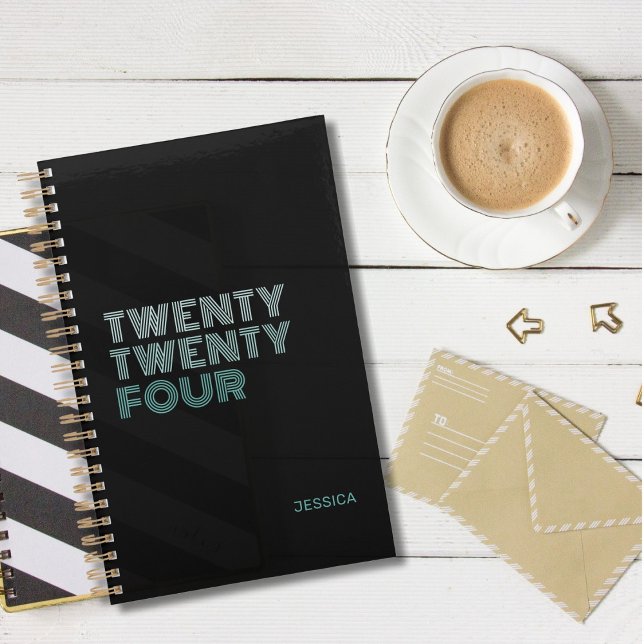 Agenda Elegante Personalizar de nombre retro Verde azulad (black with teal lettering twenty twenty four planner)