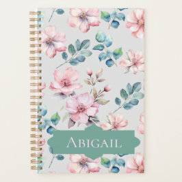 Agenda Elegante Planner gris claro con flores rosadas