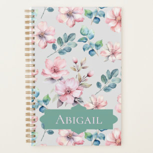 Agenda Elegante Planner gris claro con flores rosadas