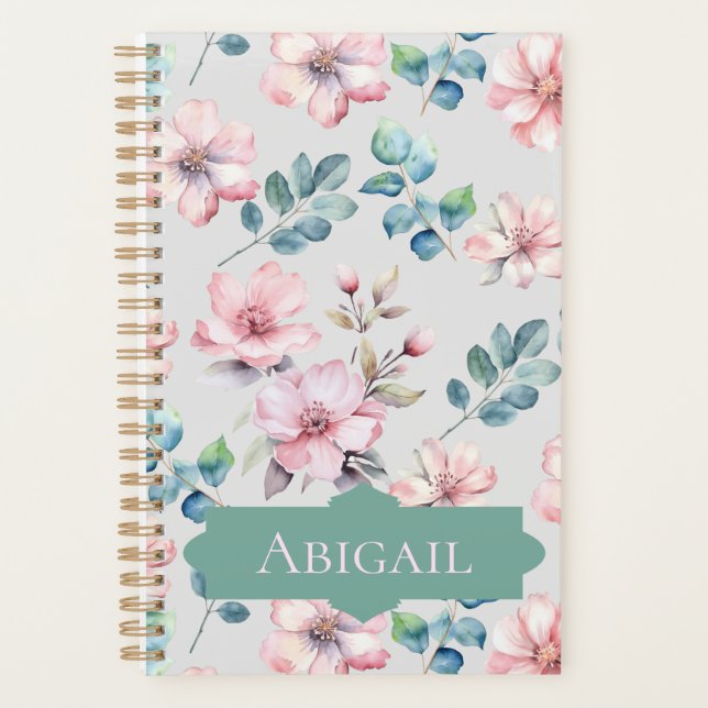 Agenda Elegante Planner gris claro con flores rosadas (Anverso)