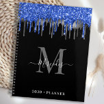 Agenda Elegante Purpurina de plata azul negro gotea monog<br><div class="desc">Planificador del calendario de monograma personalizado. Mantén a mano todas tus citas y horarios con nuestro moderno y elegante purpurina azul negro y plateado con un nombre y un inicial monocromático personalizado. Este planificador único es perfecto para la planificación de oficinas, horarios escolares, citas familiares y horarios de trabajo. Vea...</div>