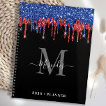 Agenda Elegante Purpurina rojo azul negro gotea monograma<br><div class="desc">Planificador del calendario de monograma personalizado. Mantén a mano todas tus citas y horarios con nuestro moderno y elegante planificador de goteo de purpurina azul y rojo negro con nombre y inicial monogramados personalizados. Este planificador único es perfecto para la planificación de oficinas, horarios escolares, citas familiares y horarios de...</div>