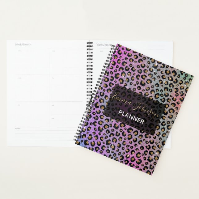 Agenda Elegante Purpurina rosa azul dorado Leopardo negro (Demostración)