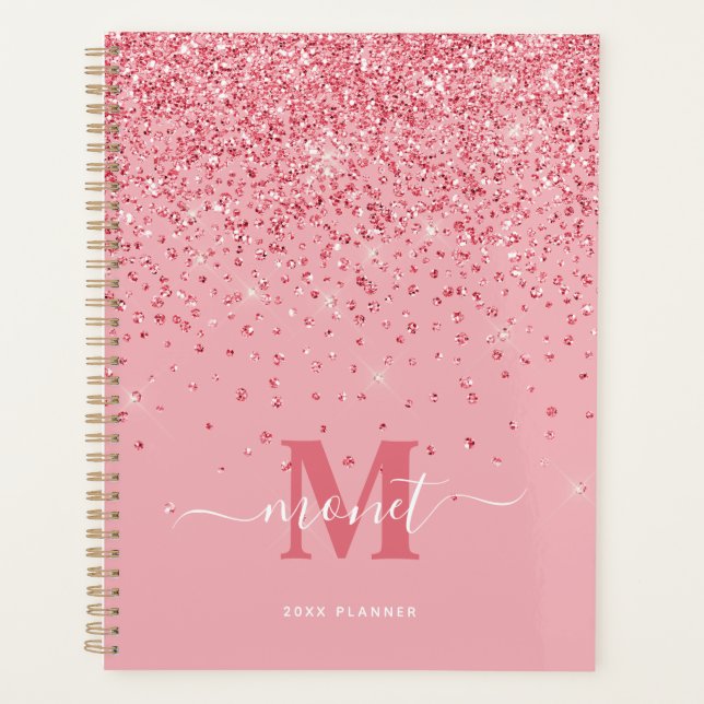 Agenda Elegante Purpurina Rosa Monogramado Nombre (Anverso)