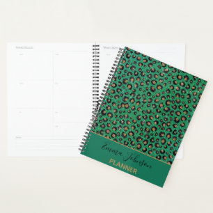 Agenda Elegante Purpurina Verde Leopardo de oro negro