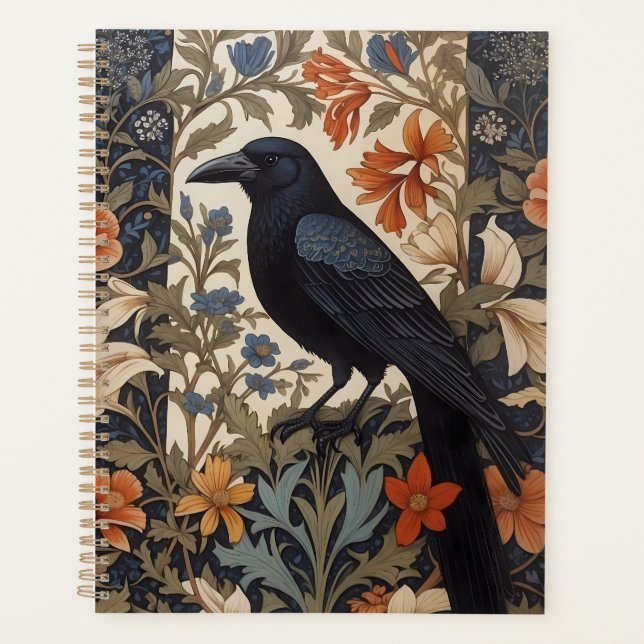 Agenda Elegante Raven Negro William Morris Inspirado Flor (Anverso)