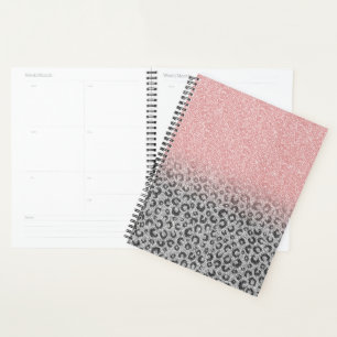 Agenda Elegante Rosa de oro y Purpurina plateado Leopardo
