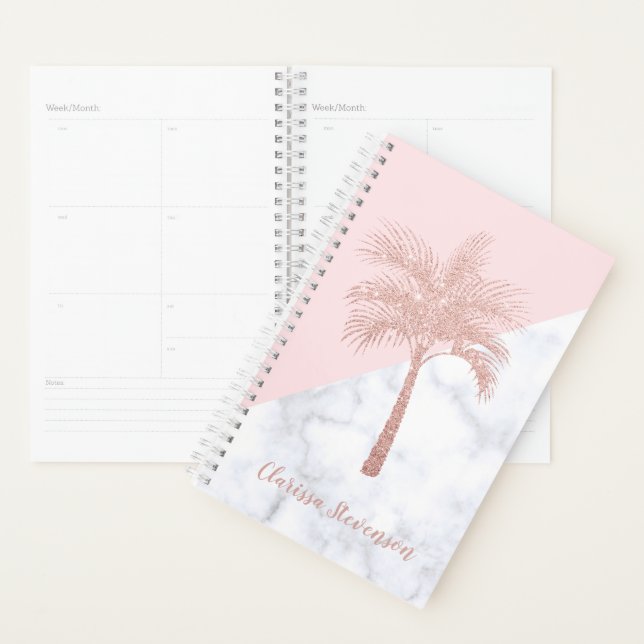 Agenda Elegante rosa de purpurina dorado palmera mármol b (Demostración)