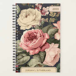 Agenda Elegante Rosa Personalizado & Floral Oscura Marfil