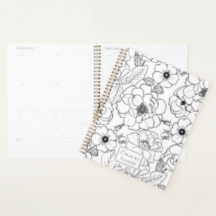 Agenda Elegante Rosas blancos negros Línea de arte Floral