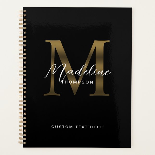 Agenda Elegante Script Metallic Black Gold Monograma (Anverso)