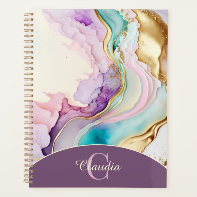 Agenda Elegante Tinta Líquida de Mármol de Monograma (Anverso)