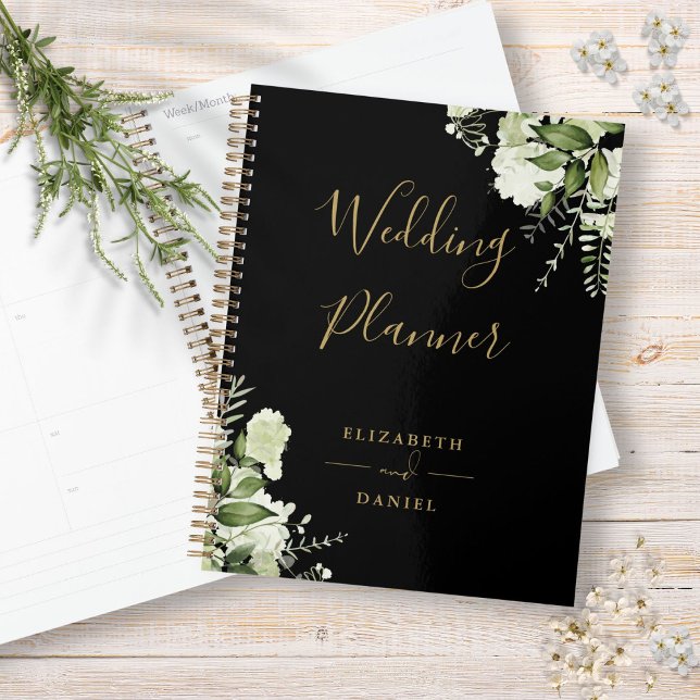 Agenda Elegante Verdor Floral Negro Y Boda De Oro (Elegant Floral Greenery Black And Gold Wedding Planner)
