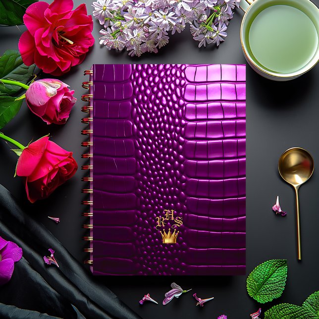 Agenda Elegante Vivid Purple Faux Crocodile Monogramado (Stylish Vivid Purple Faux Crocodile Business Planner, Glossy Finish Paper Cover, Matte Finish Hard C)