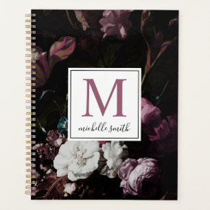 Agenda Elegante y moderno guión de monograma floral oscur