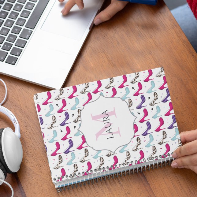 Agenda Elegante Zapatos De Tiro De Alta Curva De Novia Mo (Monogram high heeled shoes custom notebook)