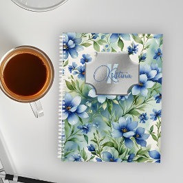 Agenda Elegantes flores azules con marco de monograma pla