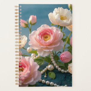 Agenda Elegantes flores rosa rosa claro con perlas