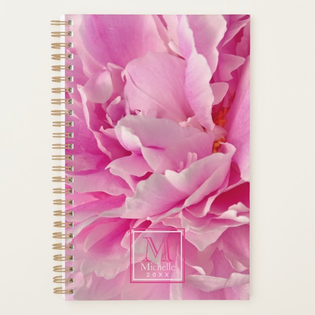 Agenda Elegantes Peonías rosadas calientes - Monogramadas (Anverso)