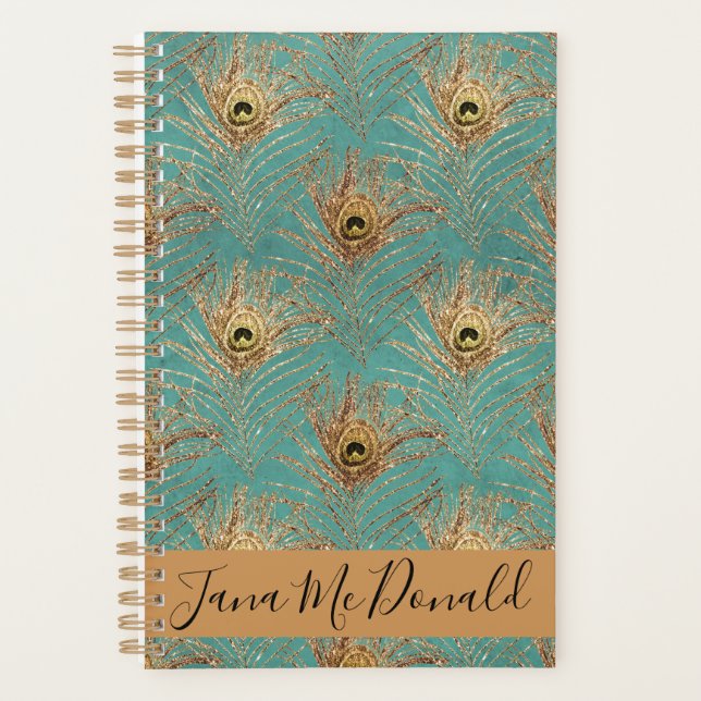 Agenda Elegantes plumas de pavo real Purpurina personaliz (Anverso)