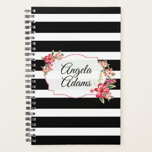 Agenda Elegantes rayas blancas negras marco Purpurina ros