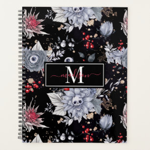 Agenda Elegantes Rosas de cráneo negro plateado