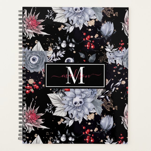 Agenda Elegantes Rosas de cráneo negro plateado (Anverso)