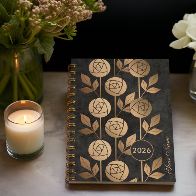 Agenda Elegantes Rosas del Art Deco Dorado de fondo negro (Subido por el creador)