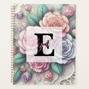 Agenda Encaje de monograma floral rosas azules púrpura ro