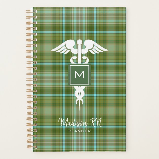 Agenda Enfermera Preppy Medicina Green Plaid Personalizad (Anverso)