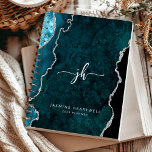 Agenda Envejecimiento plateado Verde azulado monograma pe<br><div class="desc">Este elegante planificador de 2025 presenta un verde azulado diseño de ágata de color azul azul adornado con purpurina de imitación plateado. Personalízalo con sus iniciales en monograma con letras en gris plateado de moda,  junto con su nombre y el año en letra sans serif.</div>