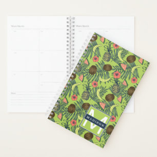 Agenda Esbozo tropical de frutas sobre el patrón verde