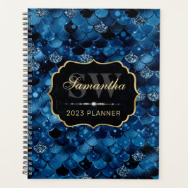 Agenda Escamas de pez sirena de purpurina azul real Monog