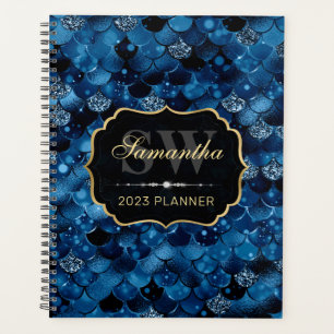 Agenda Escamas de pez sirena de purpurina azul real Monog