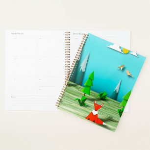 Agenda Escena del bosque de Origami con montañas Fox y av