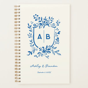 Agenda Escudo Monograma Caprichoso Azul Francés para Boda