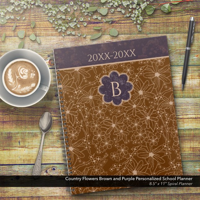 Agenda Escuela personalizada Country Flowers Brown Purple (Country Flowers Brown and Purple Personalized School Planner: Customize the Date and Monogram)