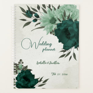 Agenda esmeralda romántica y boda floral verde suave
