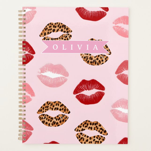 Agenda Estampado de labios con patrón de leopardo rosa ch (Anverso)