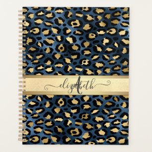 Agenda Estampado de Leopardo Azul Monograma Dorado
