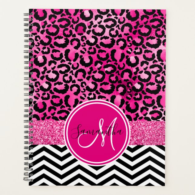Agenda Estampado de leopardo con monograma falso brillo r (Anverso)