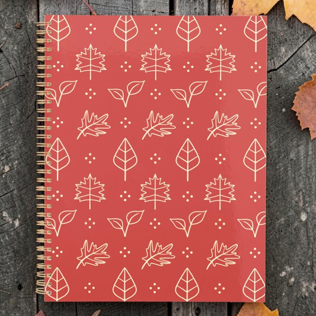 Agenda Estampado gráfico simple de hojas de otoño en rojo (Red autumn leaves in a minimalist beige line art design, scandi fall aesthetic planner on grey wood.)