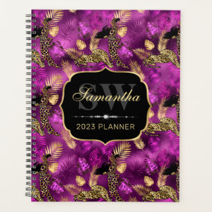 Agenda Estilo púrpura y oro Leopardo y monograma de mujer