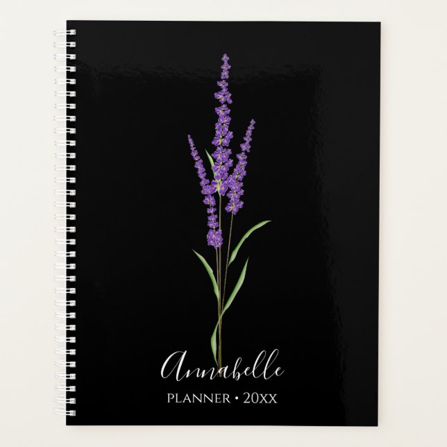 Agenda Estrellas de lavanda en negro | Personalizado (Anverso)