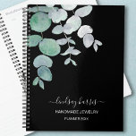 Agenda Eucalyptus Jeweler 2025<br><div class="desc">Este único planificador está decorado con hojas de eucaliptos acuáticas sobre un fondo negro. Personalizable fácil. Acuarela original © Michele Davies.</div>