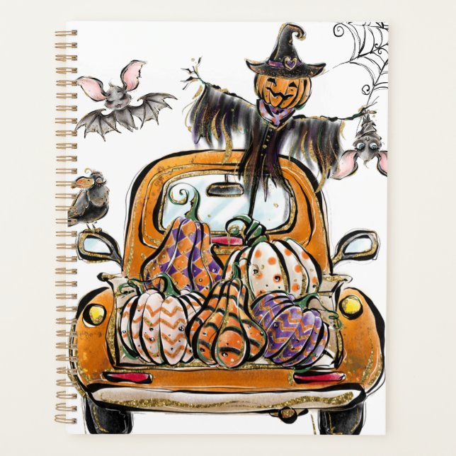 Agenda Fall Pumpkin Patch Truck with bats scarecrow bird  (Anverso)