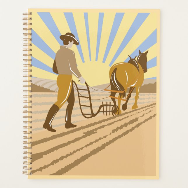 Agenda Farmer and Horse Plowing Field Retro Sunrise (Anverso)